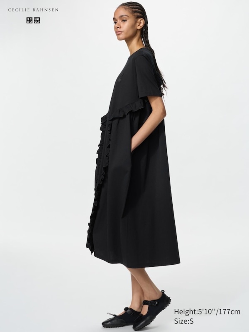 Uniqlo x Cecilie Bahnsen Midi Dress Large T-Shirt Oversized Pockets Frills Black